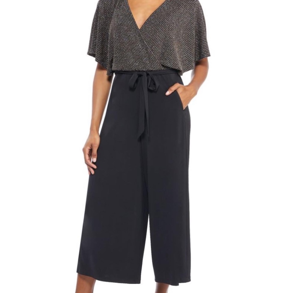 Maggy London Black Wide-Leg Jumpsuit with Metallic Gold Wrap Top - Picture 2 of 8